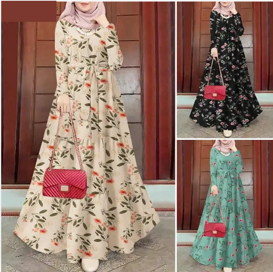 Long Dress Full Sleeve Printed Dresses For Women  Modest Arabic kaftan Robe (Modest style dress)