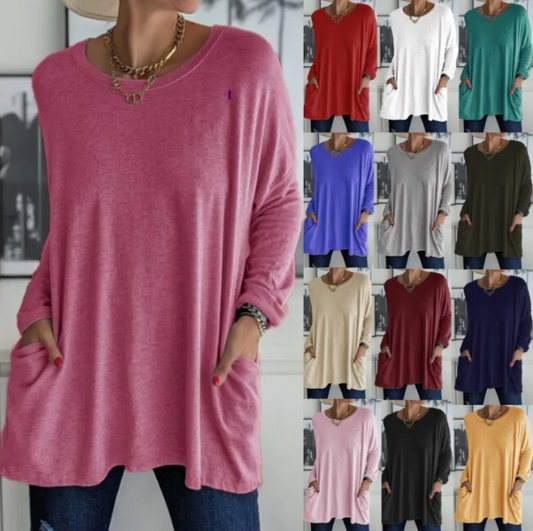 European & American Loose Fit Long Sleeve Round Neck Top with Pockets