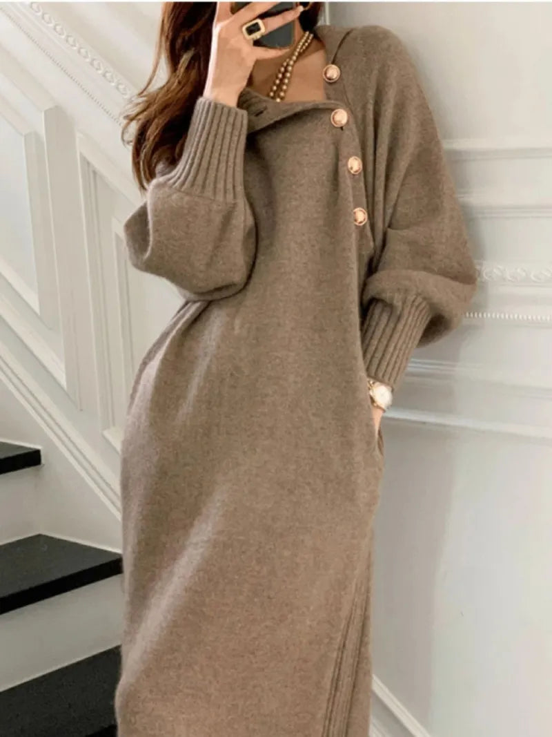 Vintage Turtleneck Buttons Long Dress. (Modest style dress)