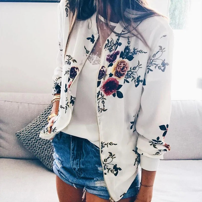 Wuhaobo Retro Floral Print Zip-Up Bomber Jacket for Women