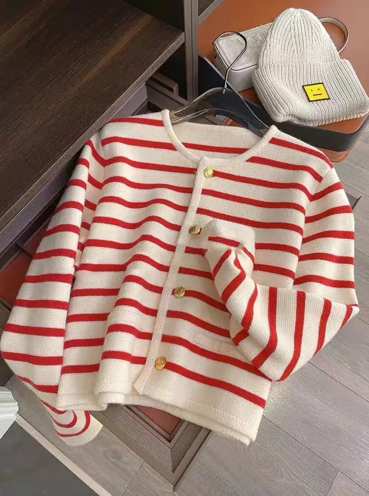 Women Stripe Knitted Cardigans Spring Autumn O-neck