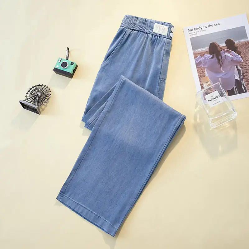 Women, wide leg jeans, elastic waist