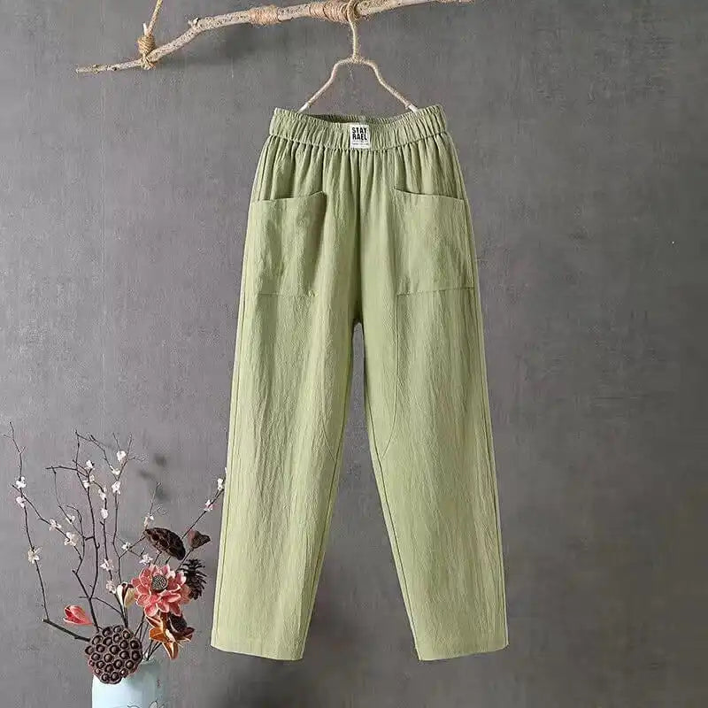 Loose casual cotton and linen trousers with elastic waistband