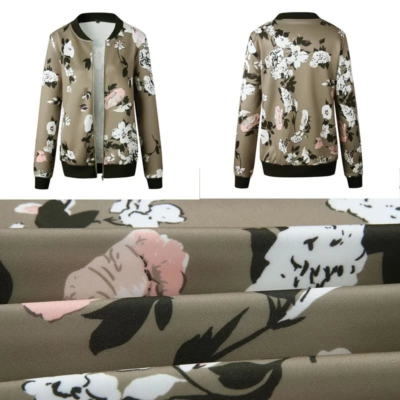 Wuhaobo Retro Floral Print Zip-Up Bomber Jacket for Women