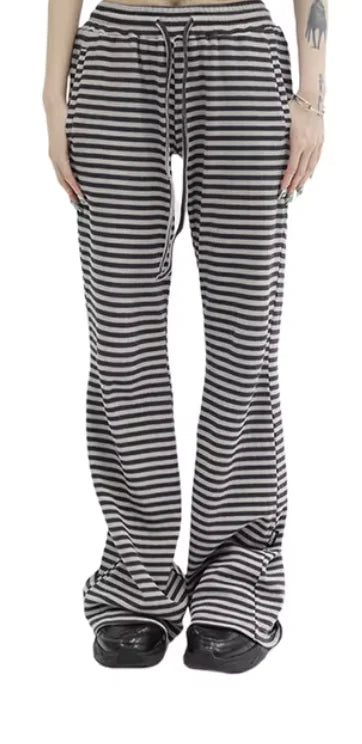 Women's Striped Knit Drawstring Pants - Low Rise, Wide Leg Lounge Trousers