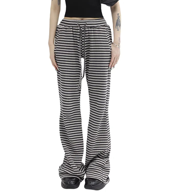 Women's Striped Knit Drawstring Pants - Low Rise, Wide Leg Lounge Trousers