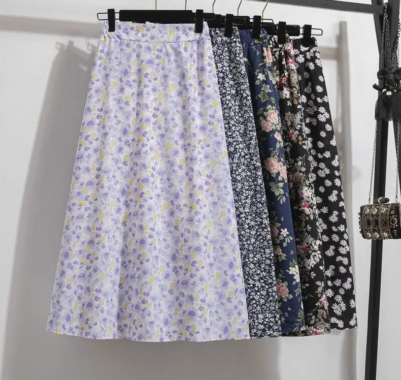 Women's Chiffon Skirts Casual Floral Print Long Skirts Elastic Waist Loose Extended Skirt.