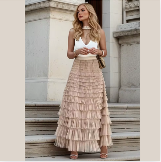 Elegant Elastic Waist Solid Cake Long Skirt