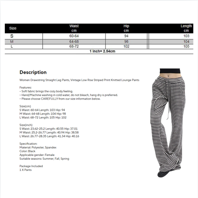 Women's Striped Knit Drawstring Pants - Low Rise, Wide Leg Lounge Trousers