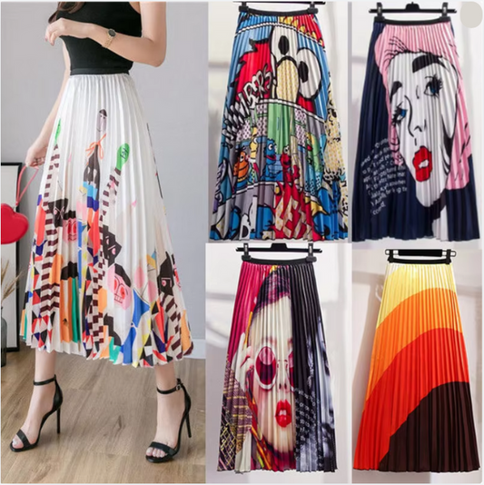 Women's Cartoon Printed Pleated Skirt