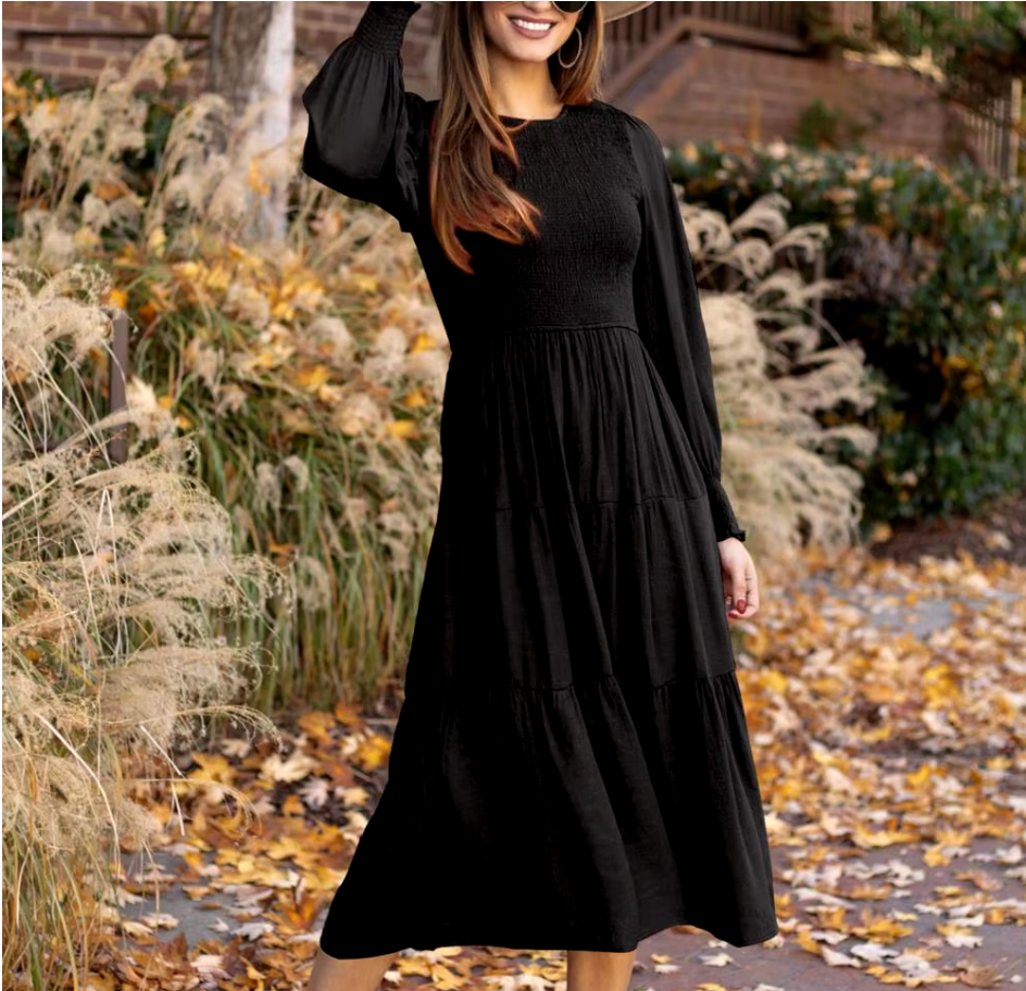 Midi Dress Long Sleeve Plain Charm