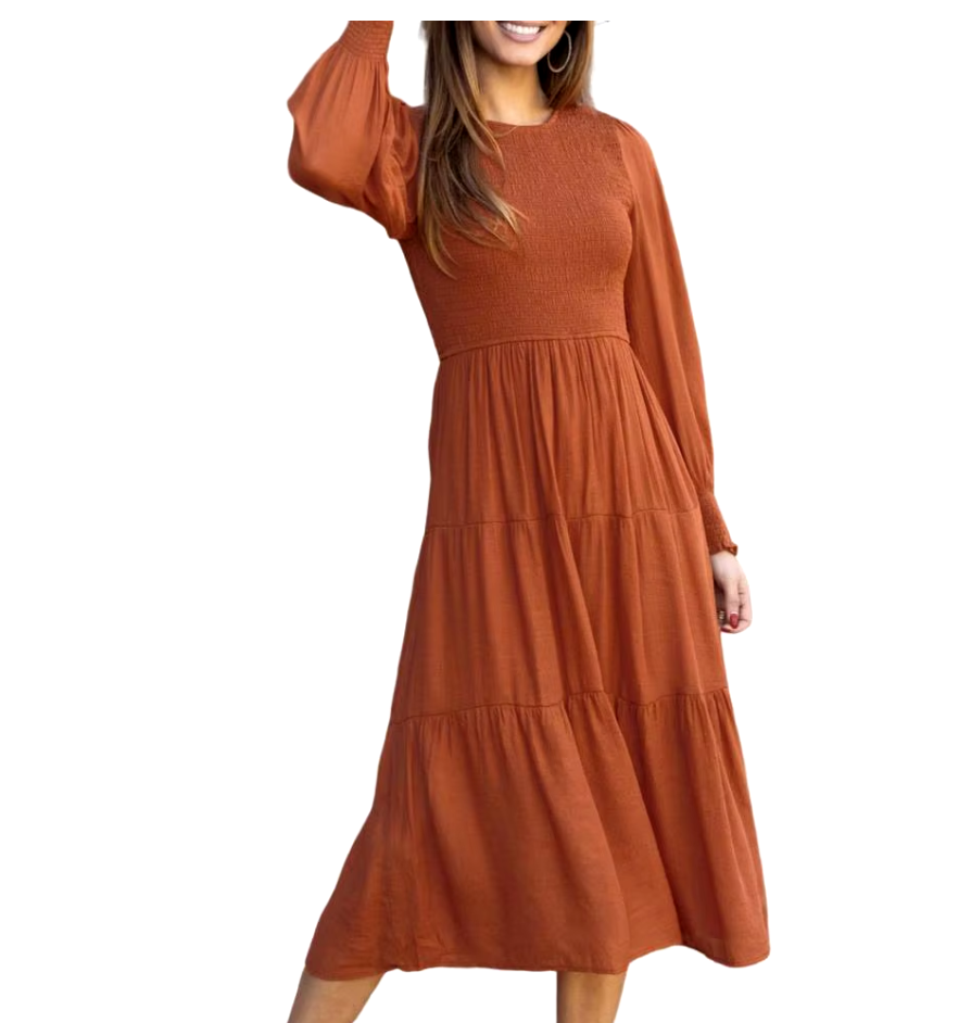 Midi Dress Long Sleeve Plain Charm