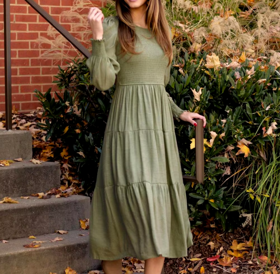 Midi Dress Long Sleeve Plain Charm