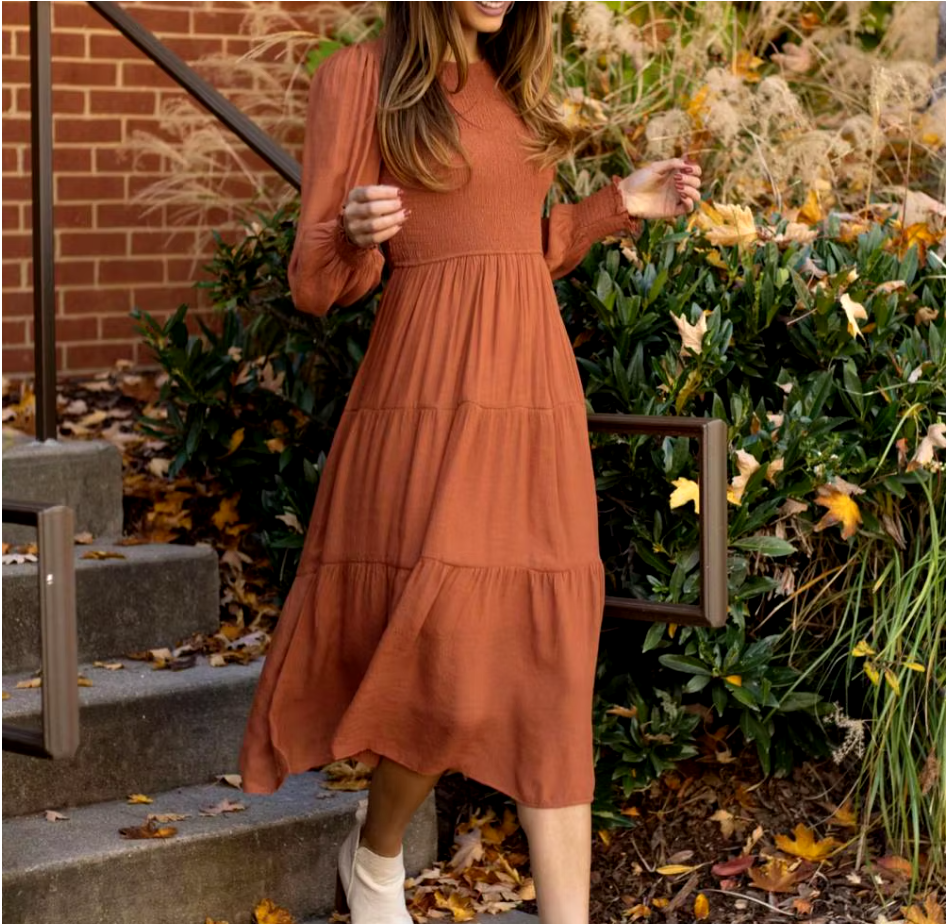 Midi Dress Long Sleeve Plain Charm