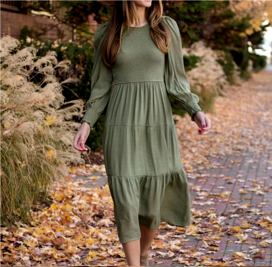 Midi Dress Long Sleeve Plain Charm