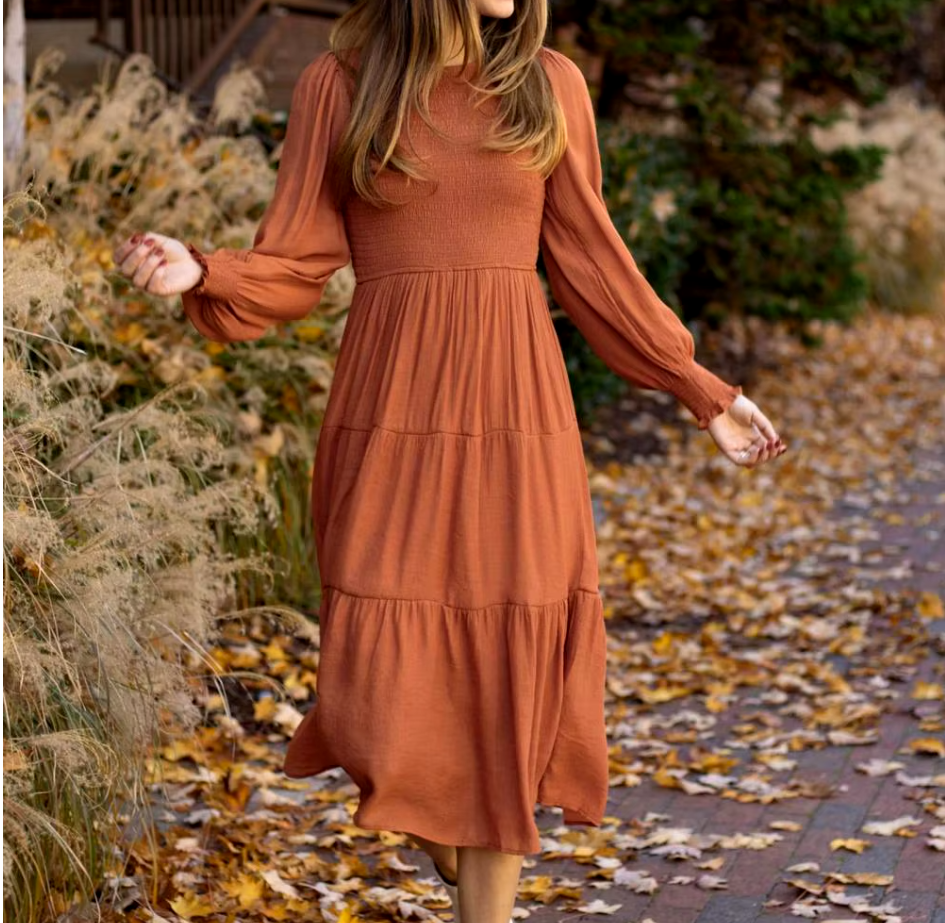 Midi Dress Long Sleeve Plain Charm