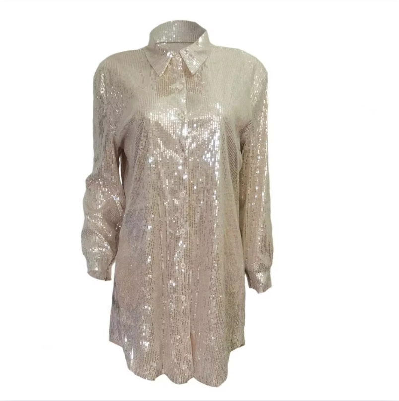 Long Sleeve Allover Sequin Shirt Dress