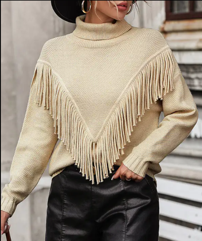 Women's Loose Fringed Knit Turtleneck Sweater