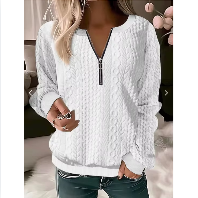 Women's Long Sleeve Solid Color And V-neck Zipper T-shirt