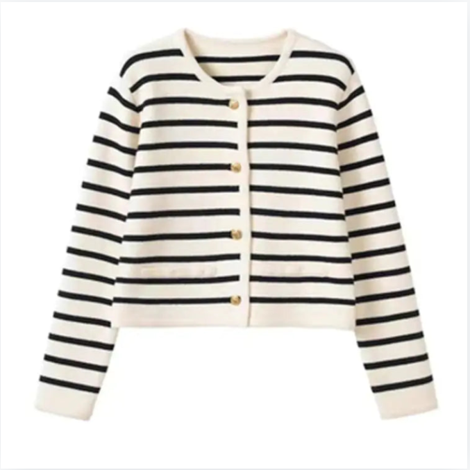 Women Stripe Knitted Cardigans Spring Autumn O-neck