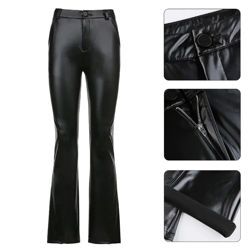 Women Vintage Shiny Black Faux Leather Pants