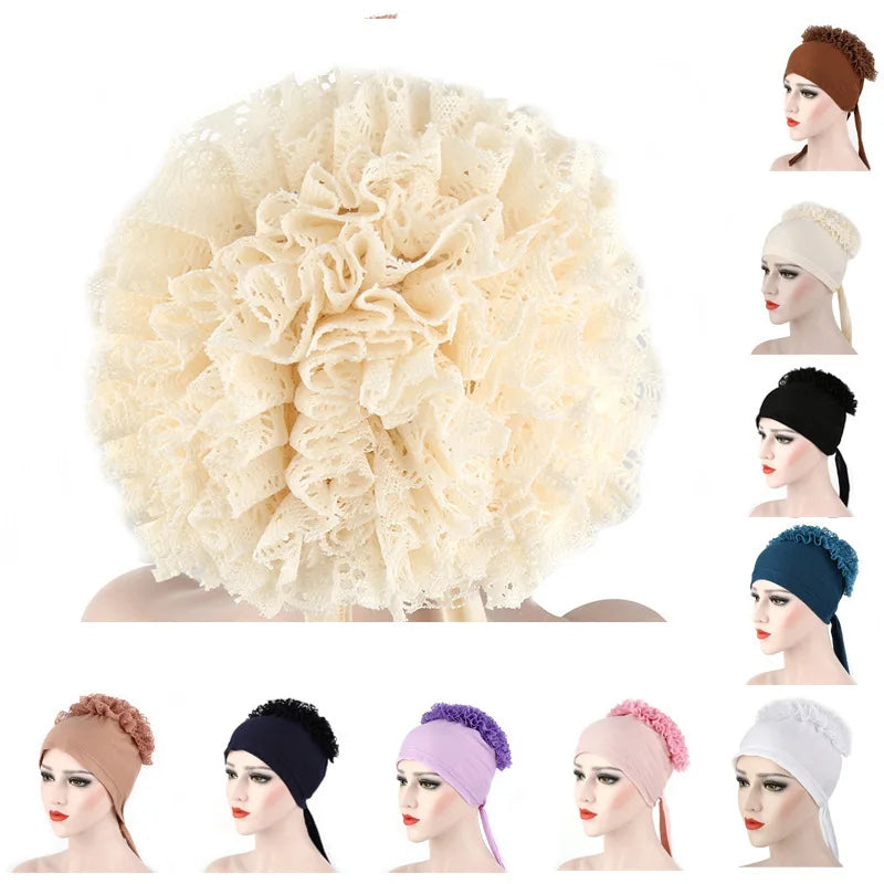 Under Hijab Caps Big Flower Volumizer Scrunchie Muslim Inner Hijab Turbans Islamic Headwear Accessories Female Head Wraps Bonnet