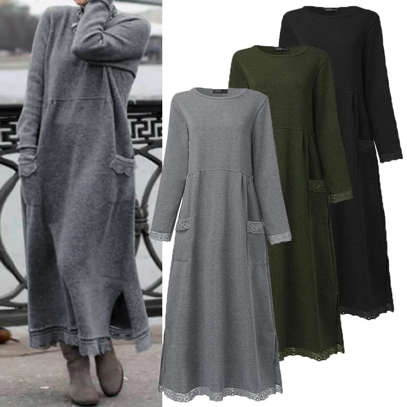 Women Turtleneck Long Sleeve Sweatshirts Dress Casual h Fluffy Patchwork Long Dress Autumn Vintage Vestido Sundress. (Modest style dress)