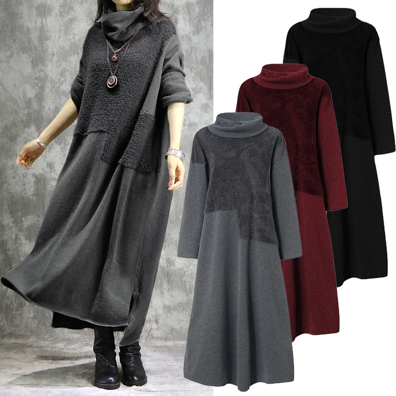 Women Turtleneck Long Sleeve Sweatshirts Dress Casual h Fluffy Patchwork Long Dress Autumn Vintage Vestido Sundress. (Modest style dress)