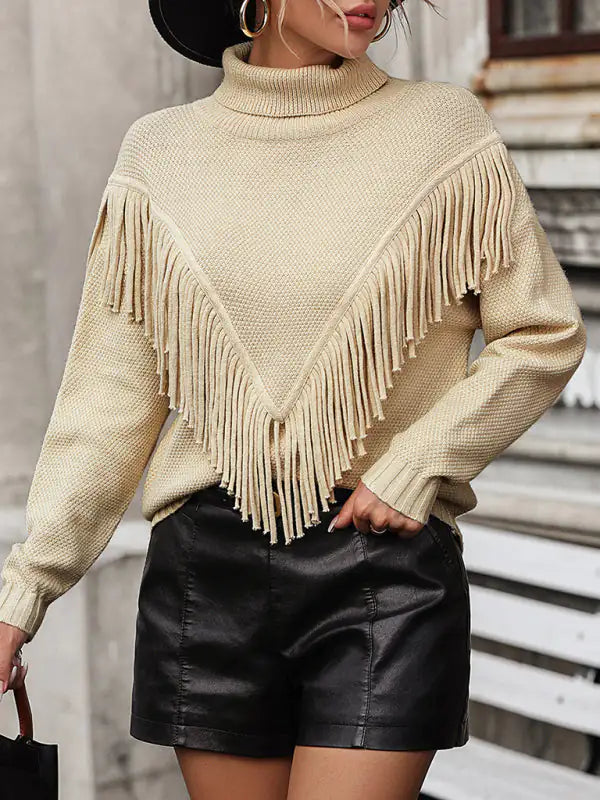 Women's Loose Fringed Knit Turtleneck Sweater