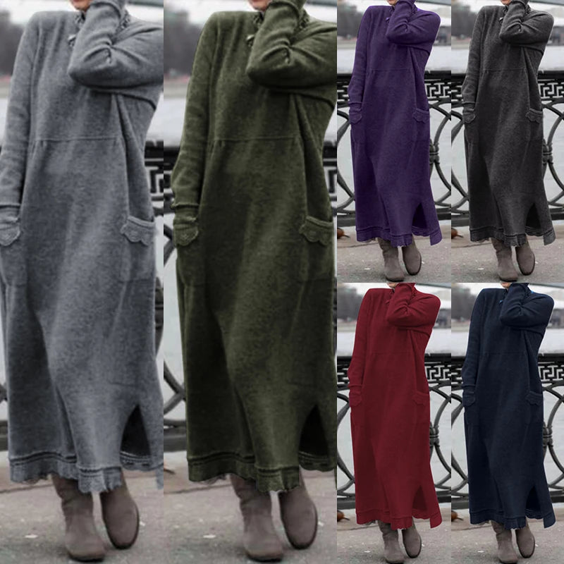 Women Turtleneck Long Sleeve Sweatshirts Dress Casual h Fluffy Patchwork Long Dress Autumn Vintage Vestido Sundress. (Modest style dress)