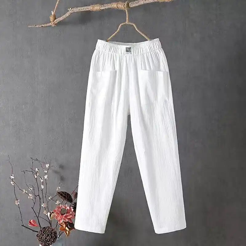 Loose casual cotton and linen trousers with elastic waistband