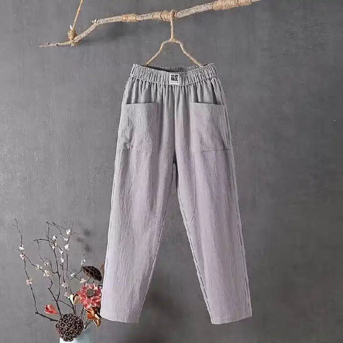 Loose casual cotton and linen trousers with elastic waistband