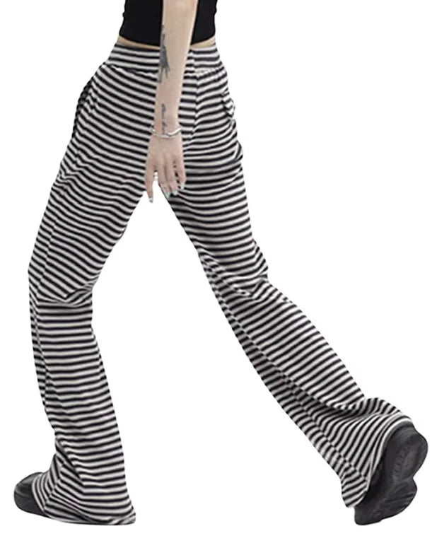 Women's Striped Knit Drawstring Pants - Low Rise, Wide Leg Lounge Trousers