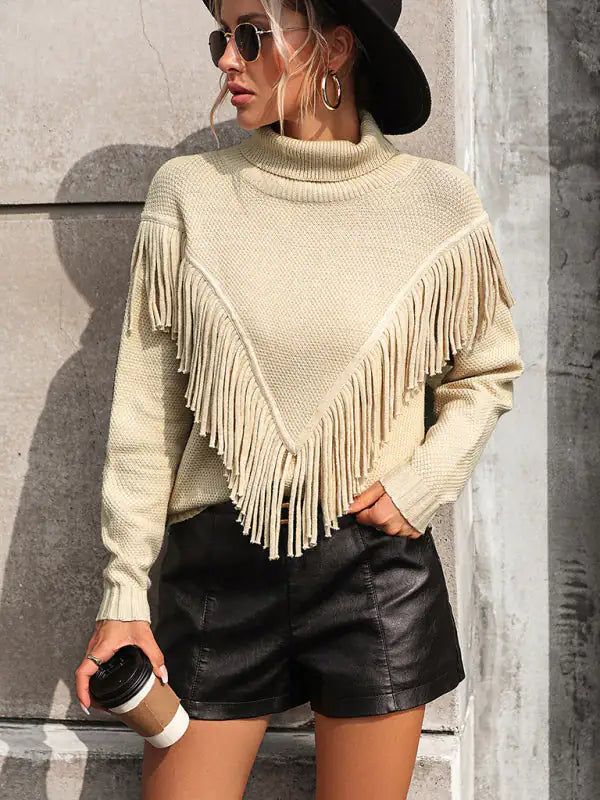 Women's Loose Fringed Knit Turtleneck Sweater