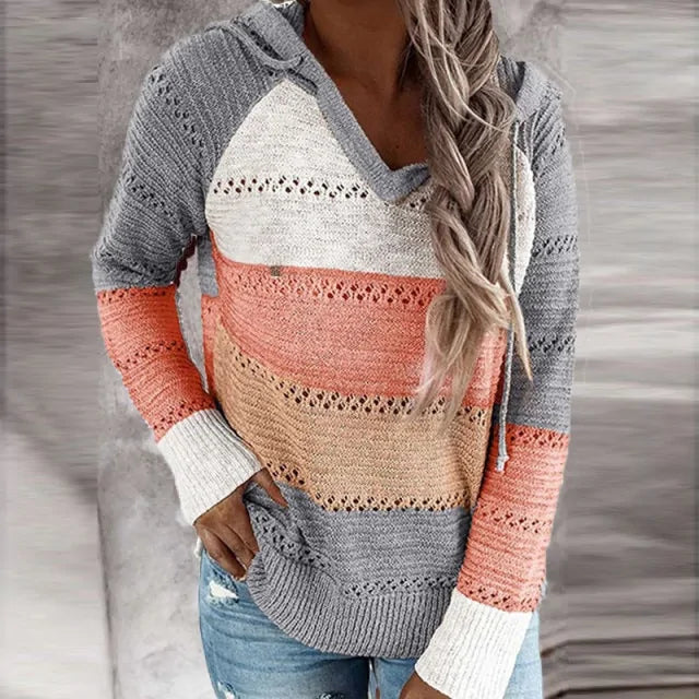 Patchwork Hooded Long Sleeve Sweater