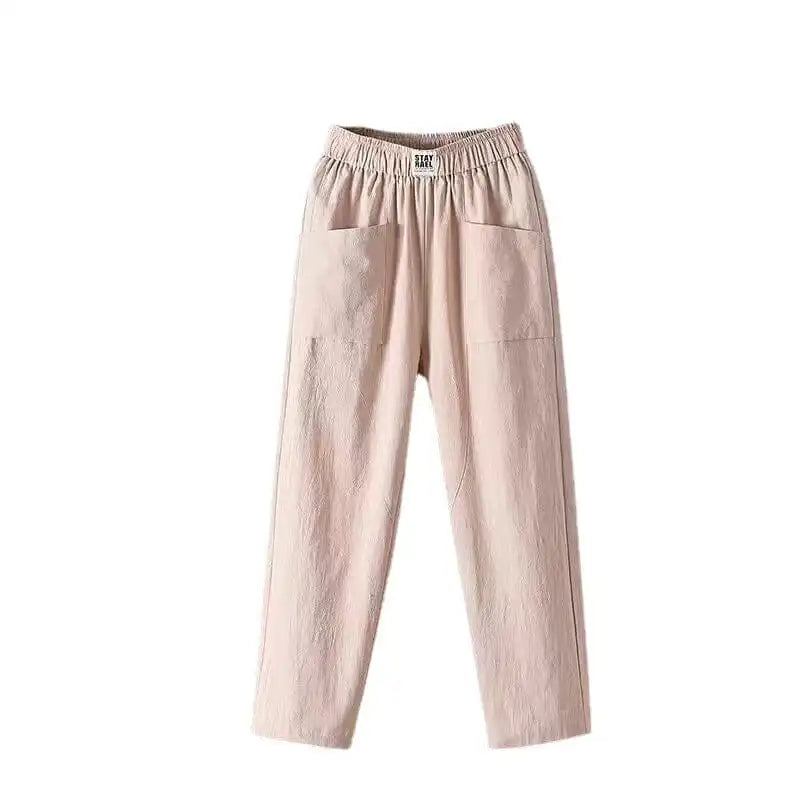 Loose casual cotton and linen trousers with elastic waistband