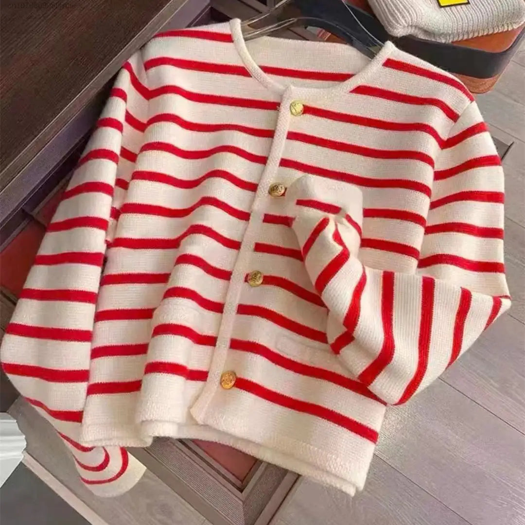 Women Stripe Knitted Cardigans Spring Autumn O-neck