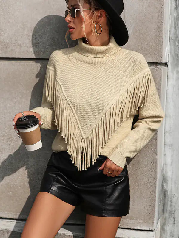 Women's Loose Fringed Knit Turtleneck Sweater