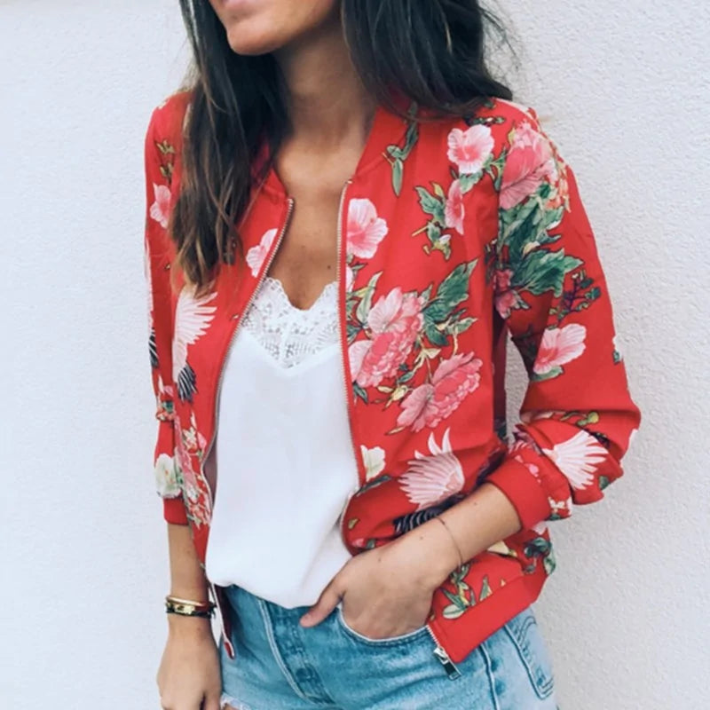 Wuhaobo Retro Floral Print Zip-Up Bomber Jacket for Women