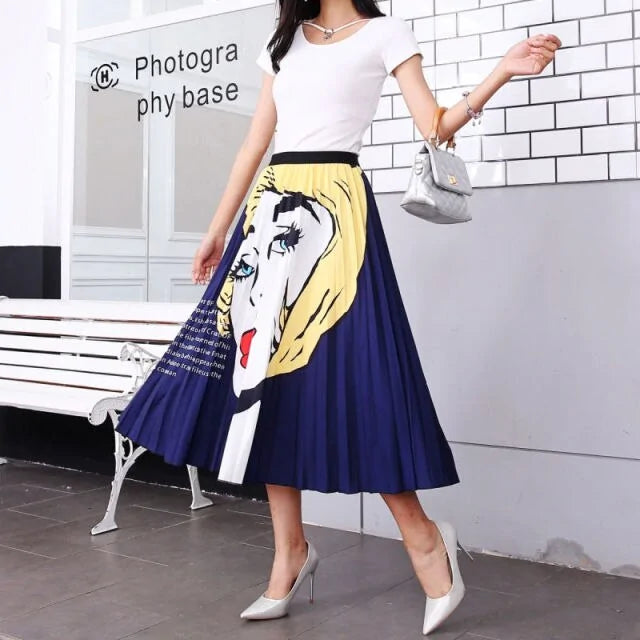 Women's Cartoon Printed Pleated Skirt