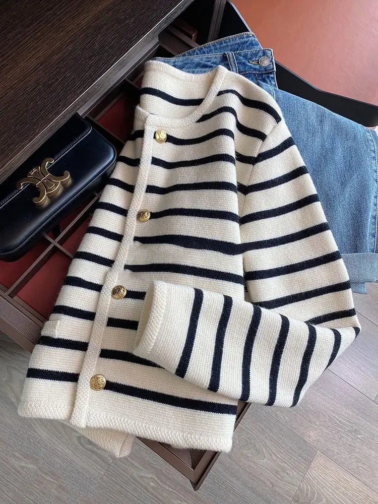 Women Stripe Knitted Cardigans Spring Autumn O-neck