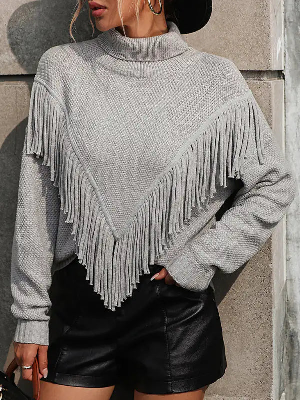 Women's Loose Fringed Knit Turtleneck Sweater