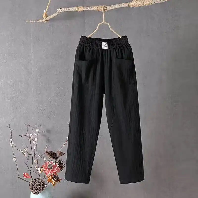 Loose casual cotton and linen trousers with elastic waistband