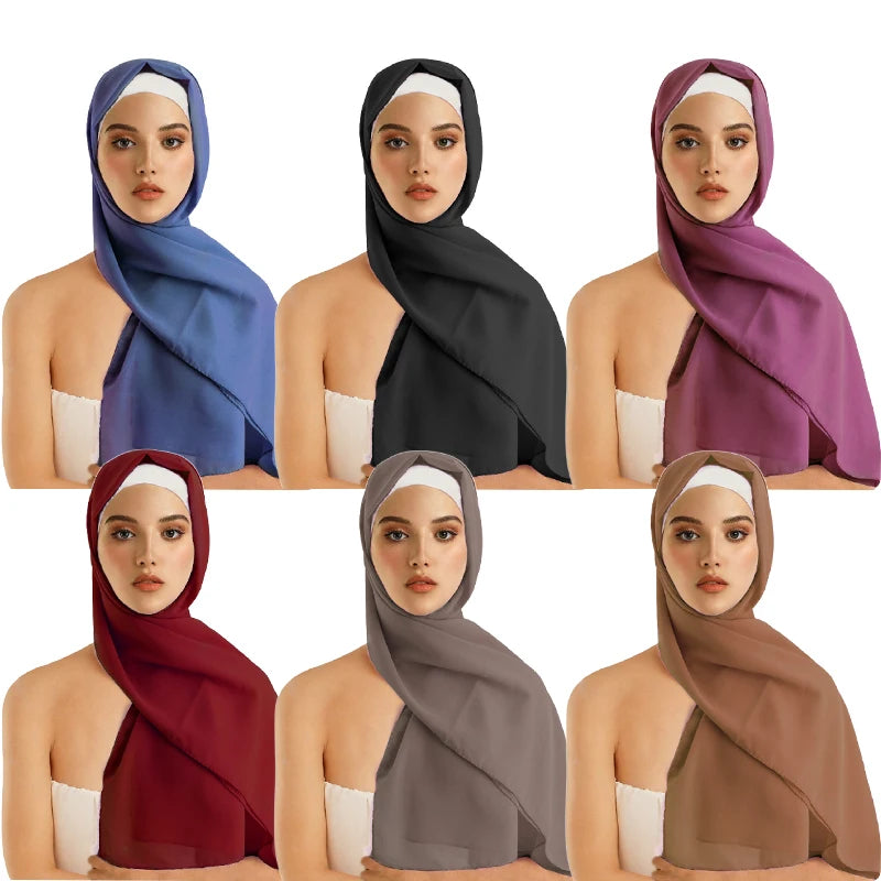 6PCS/LOT Chiffon Scarf Turban Soft Solid Head Scarves Shawls Wrap Femme Veil Bandana Headscarf