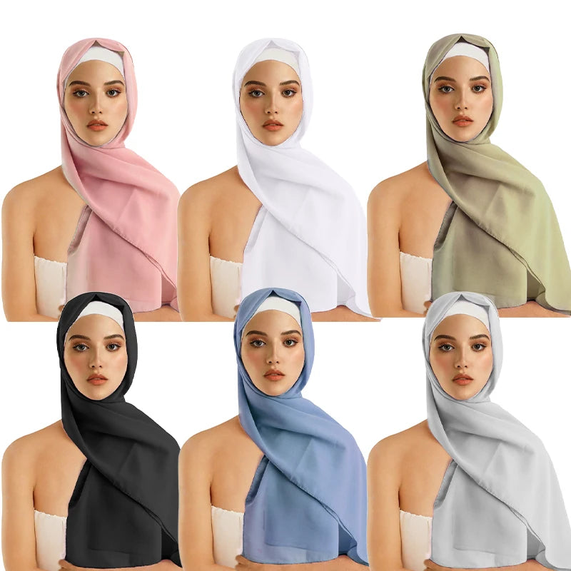 6PCS/LOT Chiffon Scarf Turban Soft Solid Head Scarves Shawls Wrap Femme Veil Bandana Headscarf