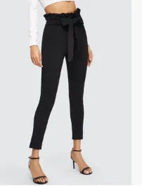 Elegant Frill Trim Bow Belted Detail Solid High Waist Pants