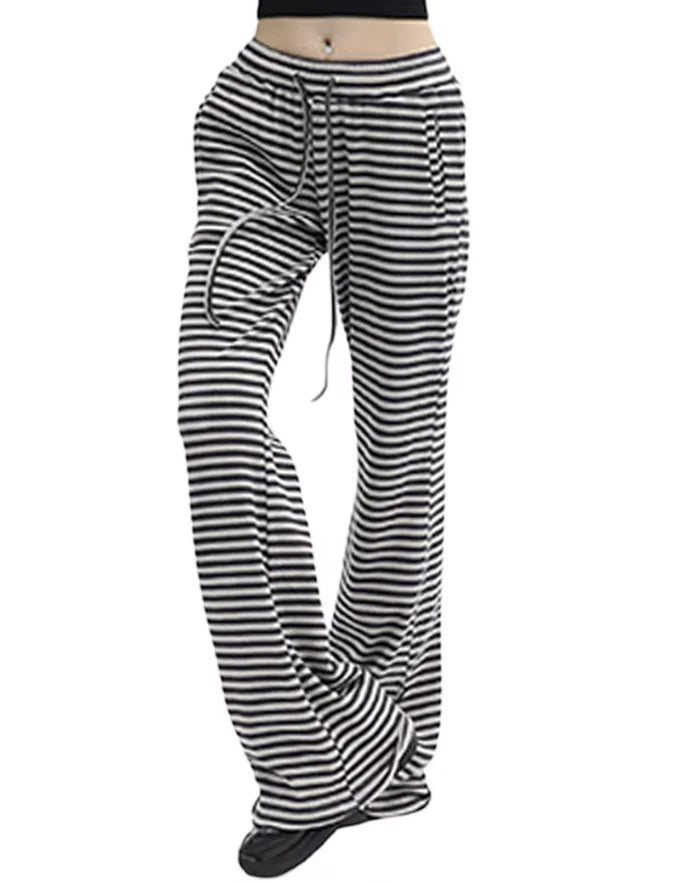 Women's Striped Knit Drawstring Pants - Low Rise, Wide Leg Lounge Trousers