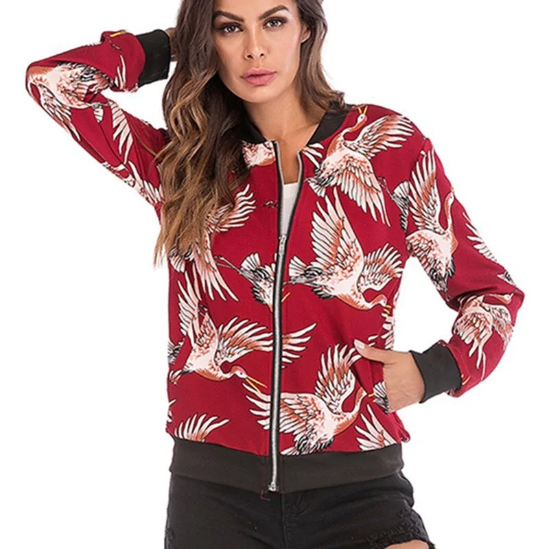 Wuhaobo Retro Floral Print Zip-Up Bomber Jacket for Women