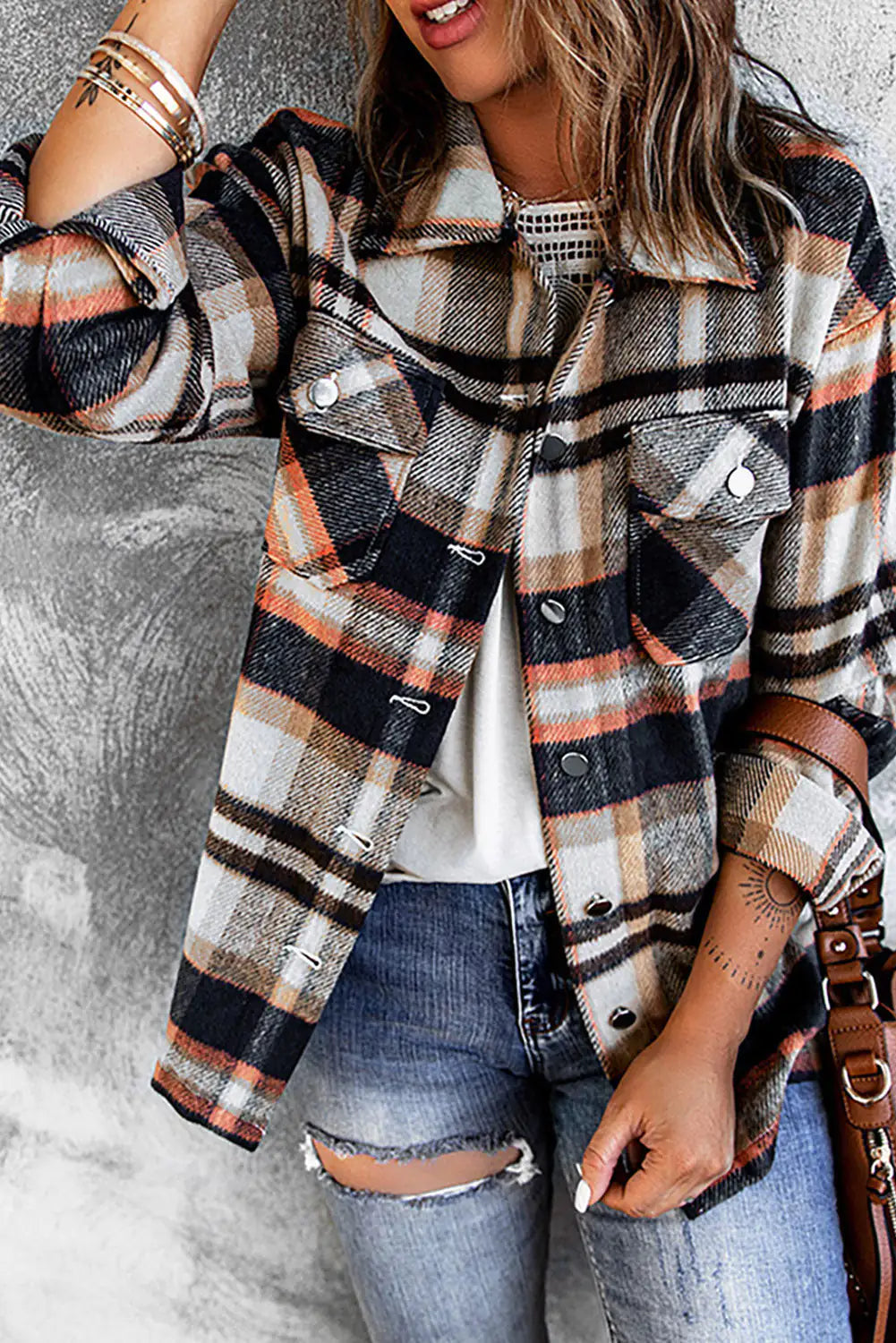 Geometric Plaid Print Pocketed Shirt