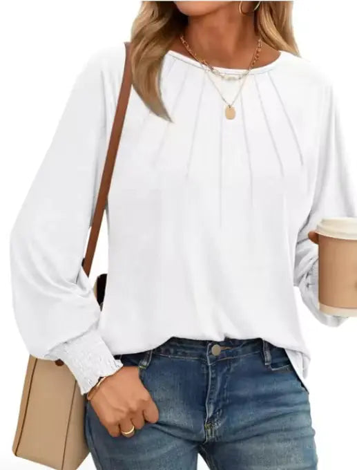 Women's Pleated O-Neck Blouse